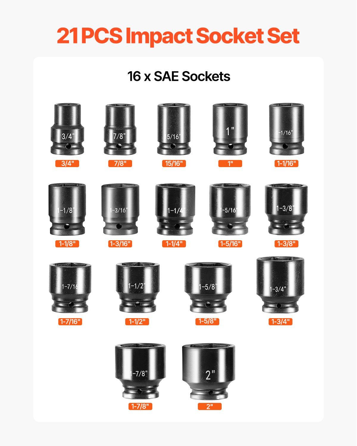 3/4 in Drive Impact Socket Set, 21 Pieces SAE 3/4 in to 2 in, 6 Point Cr-V Alloy Steel for Auto Repair, V952-CJ1CRV2134SAERCDUV0