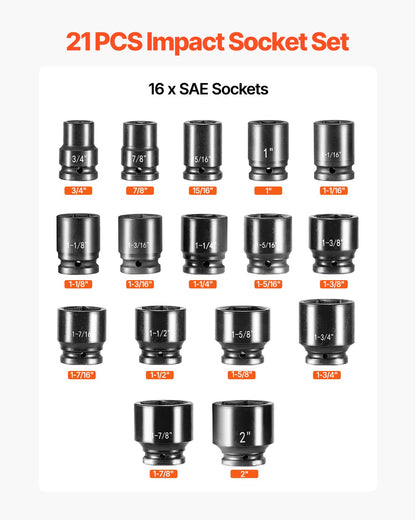 3/4 in Drive Impact Socket Set, 21 Pieces SAE 3/4 in to 2 in, 6 Point Cr-V Alloy Steel for Auto Repair, V952-CJ1CRV2134SAERCDUV0