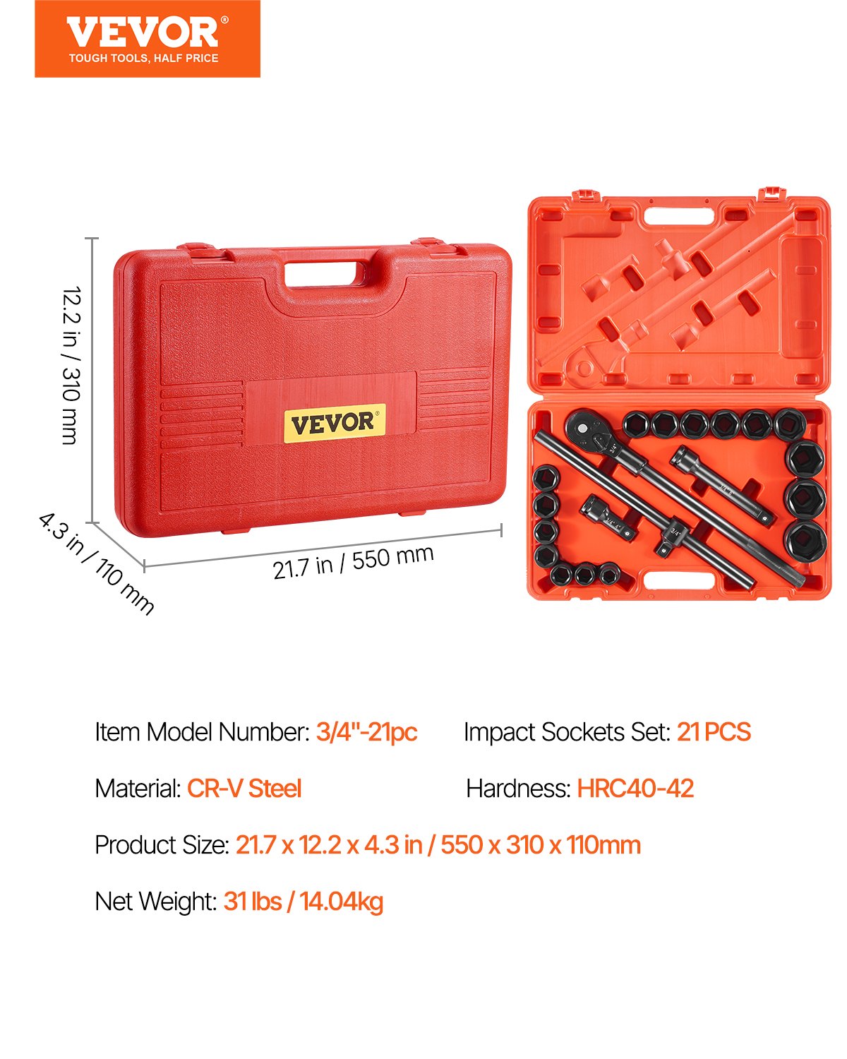 3/4 in Drive Impact Socket Set, 21 Pieces SAE 3/4 in to 2 in, 6 Point Cr-V Alloy Steel for Auto Repair, V952-CJ1CRV2134SAERCDUV0