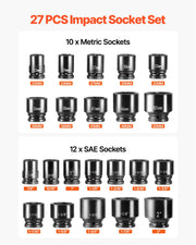 Impact Socket Set 3/4 Inches 27 Piece SAE 7/8 to 2 Inches and Metric 22 to 50 mm V952-CJ1CRV2634SAE5QQ6V0