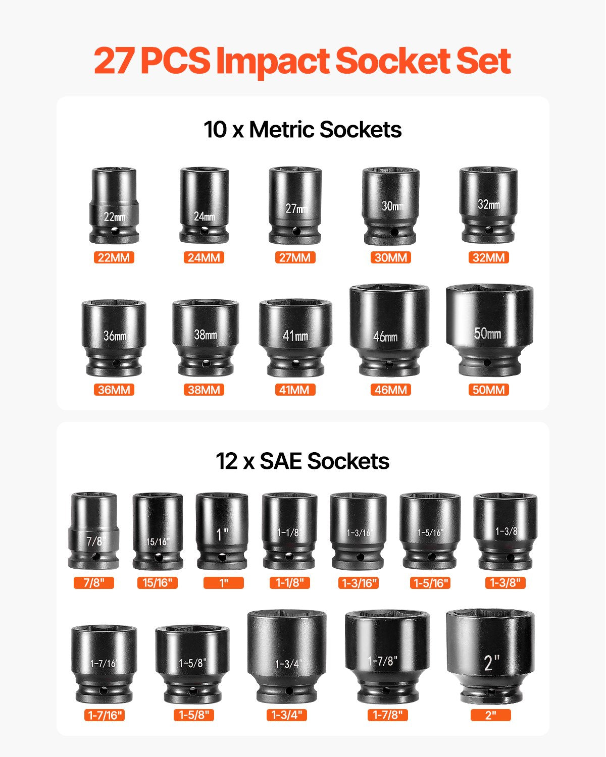 Impact Socket Set 3/4 Inches 27 Piece SAE 7/8 to 2 Inches and Metric 22 to 50 mm V952-CJ1CRV2634SAE5QQ6V0