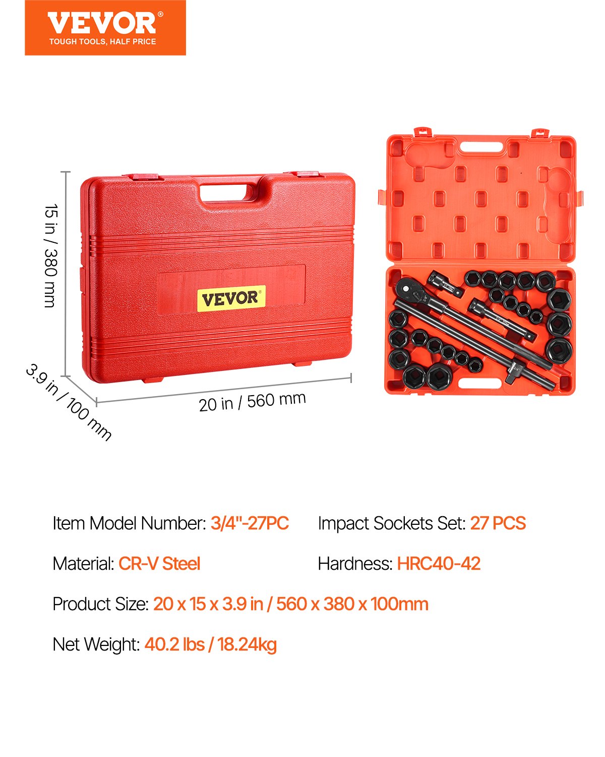 Impact Socket Set 3/4 Inches 27 Piece SAE 7/8 to 2 Inches and Metric 22 to 50 mm V952-CJ1CRV2634SAE5QQ6V0