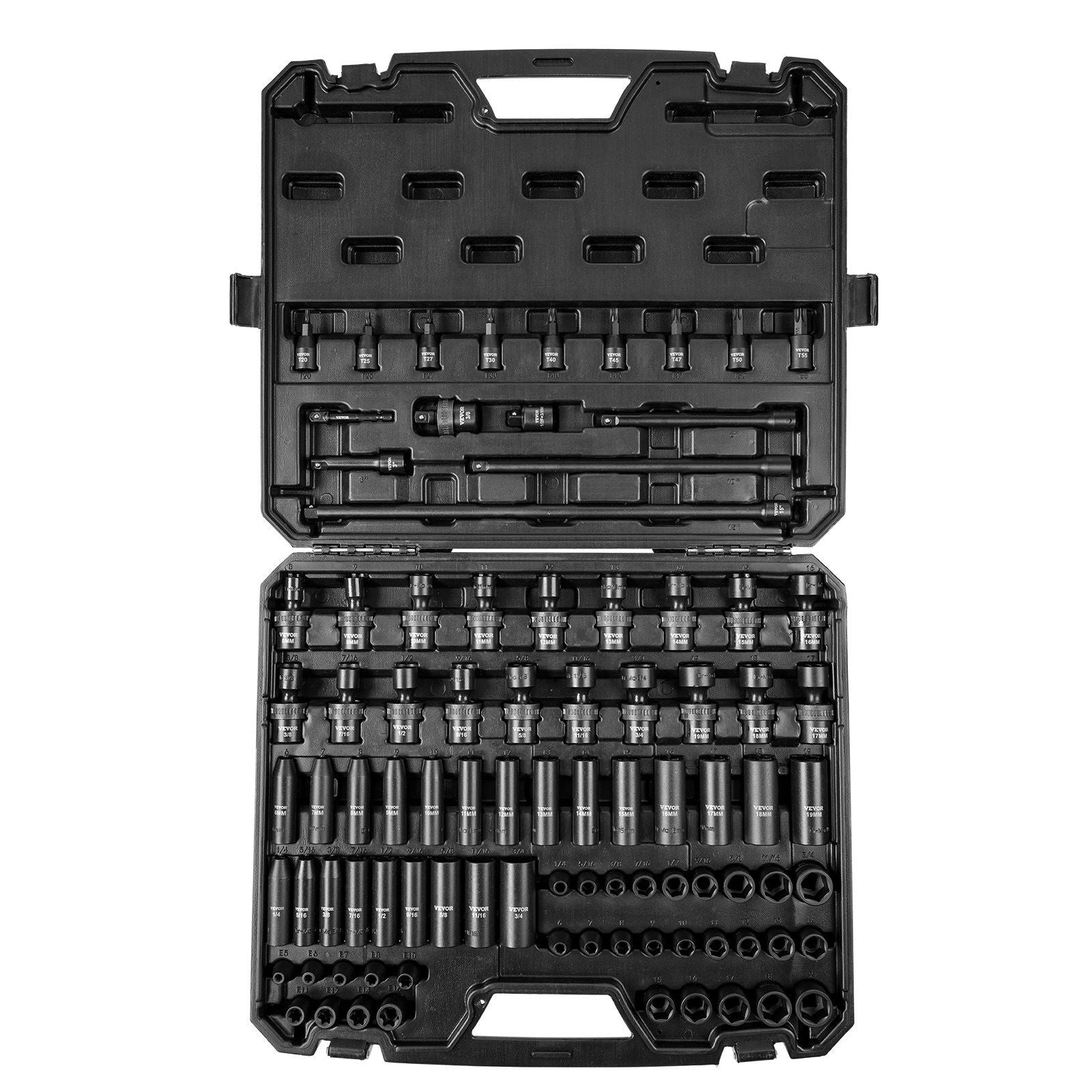 3/8" Drive Impact Socket Set, 90 Piece Socket Set SAE 1/4"-3/4" and Metric 6-19mm, 6 Point Cr-Mo Alloy Steel V952-CJ38SAECRMO90NGRCV0