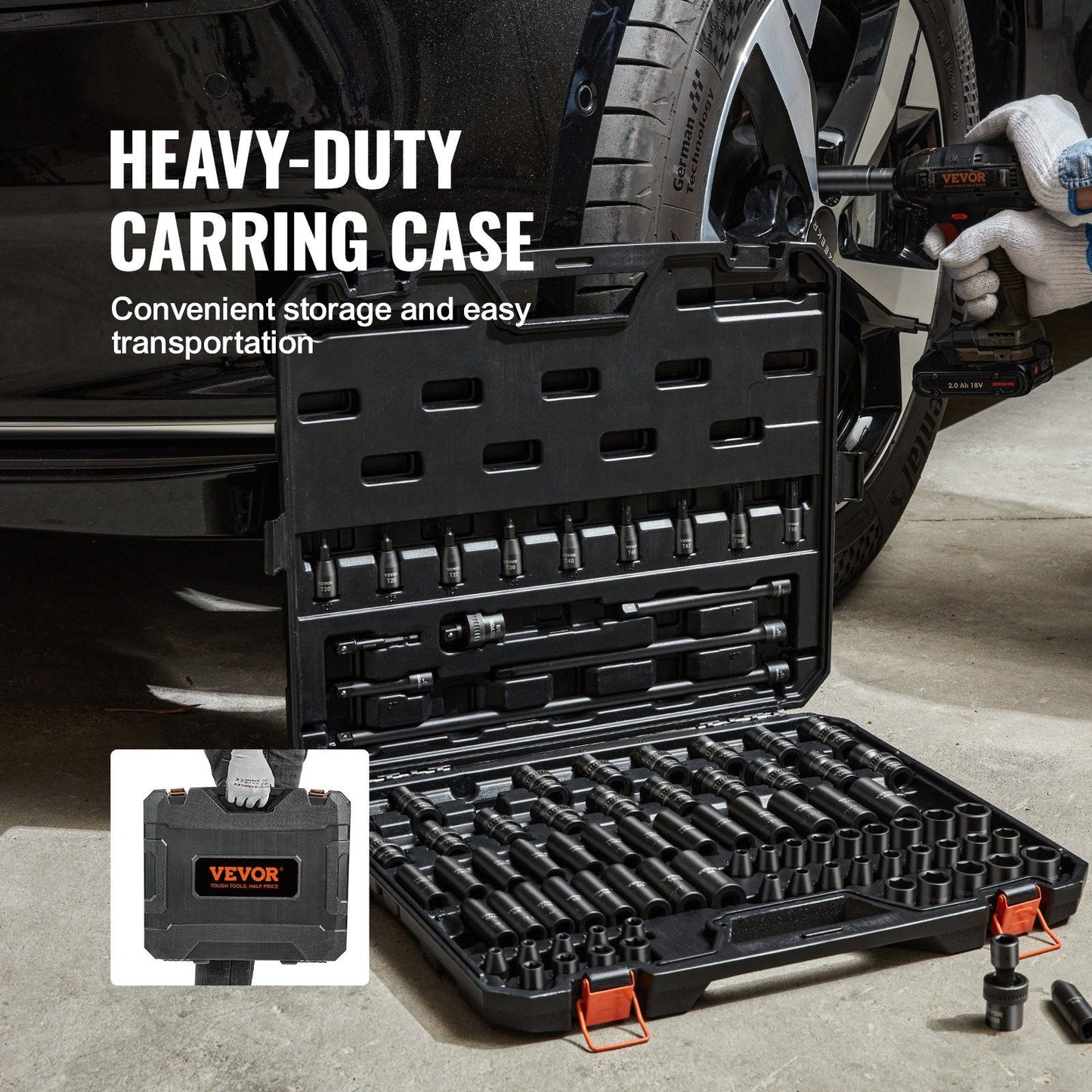 3/8" Drive Impact Socket Set, 90 Piece Socket Set SAE 1/4"-3/4" and Metric 6-19mm, 6 Point Cr-Mo Alloy Steel V952-CJ38SAECRMO90NGRCV0