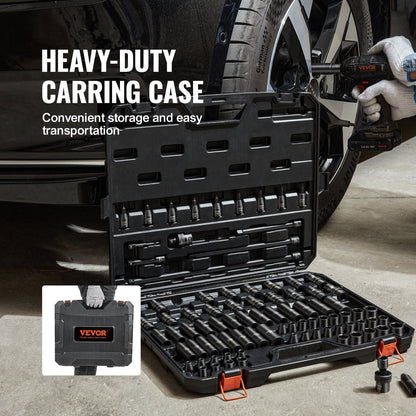 3/8" Drive Impact Socket Set, 90 Piece Socket Set SAE 1/4"-3/4" and Metric 6-19mm, 6 Point Cr-Mo Alloy Steel V952-CJ38SAECRMO90NGRCV0