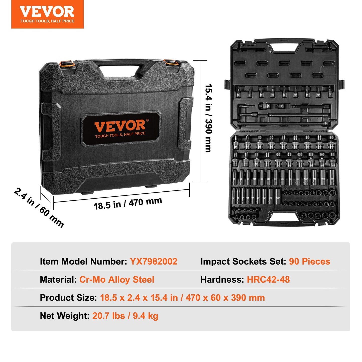 3/8" Drive Impact Socket Set, 90 Piece Socket Set SAE 1/4"-3/4" and Metric 6-19mm, 6 Point Cr-Mo Alloy Steel V952-CJ38SAECRMO90NGRCV0