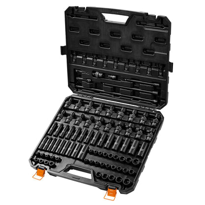 3/8" Drive Impact Socket Set, 90 Piece Socket Set SAE 1/4"-3/4" and Metric 6-19mm, 6 Point Cr-Mo Alloy Steel V952-CJ38SAECRMO90NGRCV0