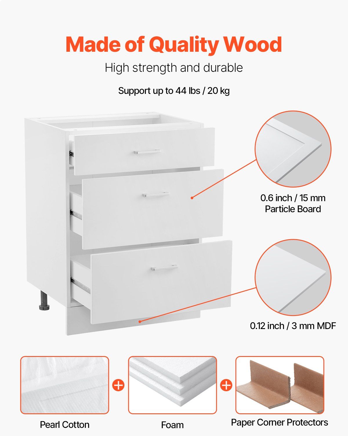 White Shaker Base Cabinet with 3 Drawers, 60 cm Unassembled Drawer Base Cabinet, 60 W x 48 D x 82 H Ready to V952-CJDJCJDJ3CW6PZGL7V0