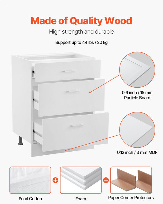 White Shaker Base Cabinet with 3 Drawers, 60 cm Unassembled Drawer Base Cabinet, 60 W x 48 D x 82 H Ready to V952-CJDJCJDJ3CW6PZGL7V0