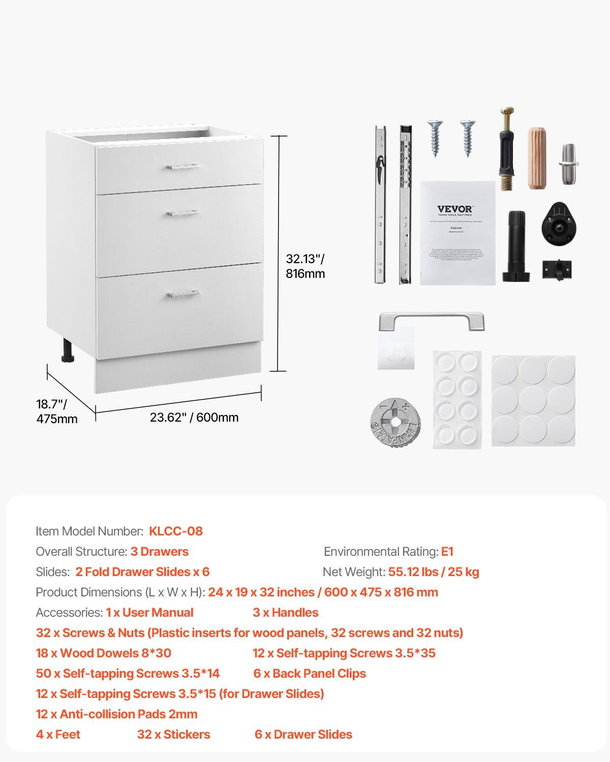 White Shaker Base Cabinet with 3 Drawers, 60 cm Unassembled Drawer Base Cabinet, 60 W x 48 D x 82 H Ready to V952-CJDJCJDJ3CW6PZGL7V0