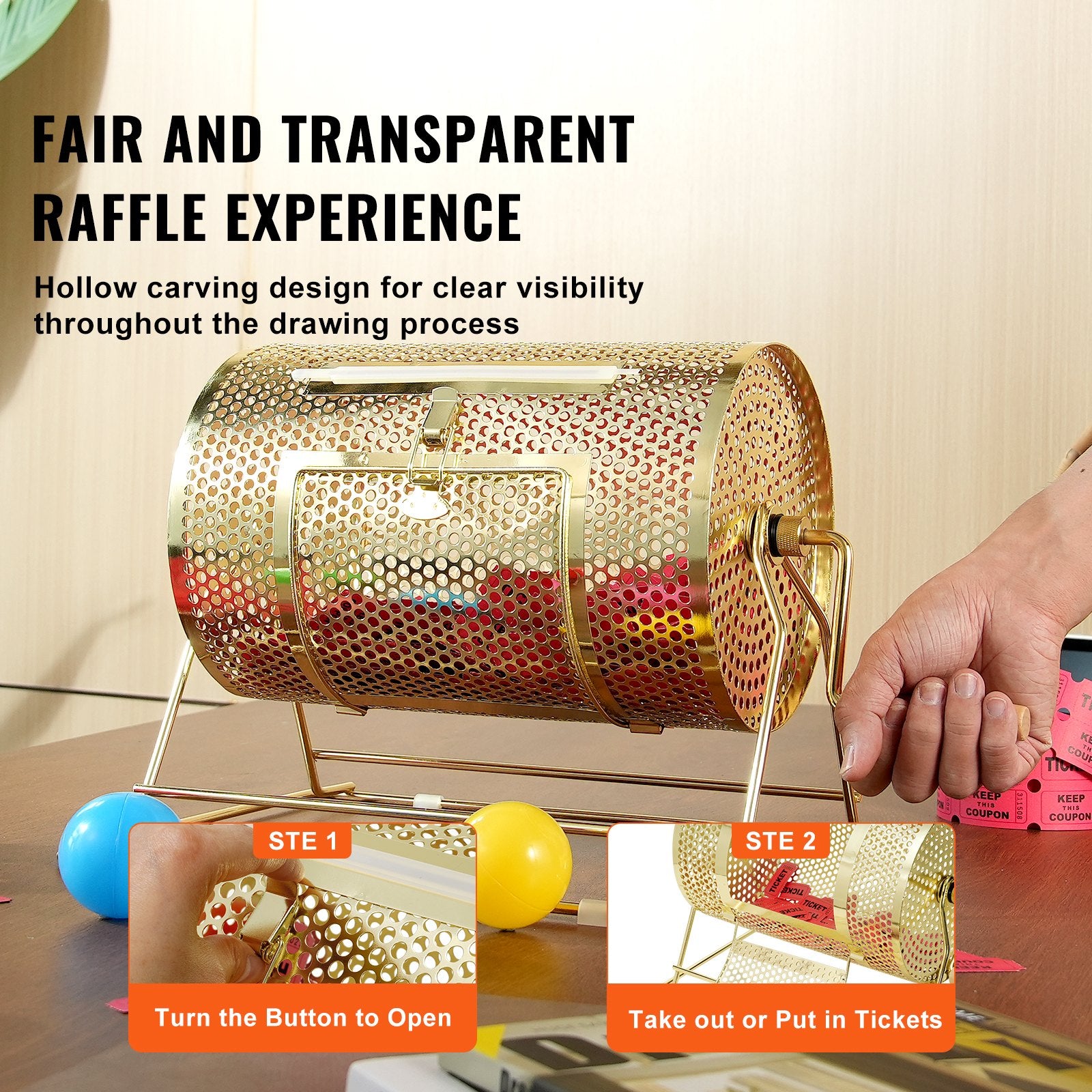 Raffle Drum, 11.6 x 7.48 inch Brass Plated Raffle Ticket Spinning Cage, Holds 2500 Tickets or 100 Ping Pong V952-CJGJS12YC0003G2KPV0
