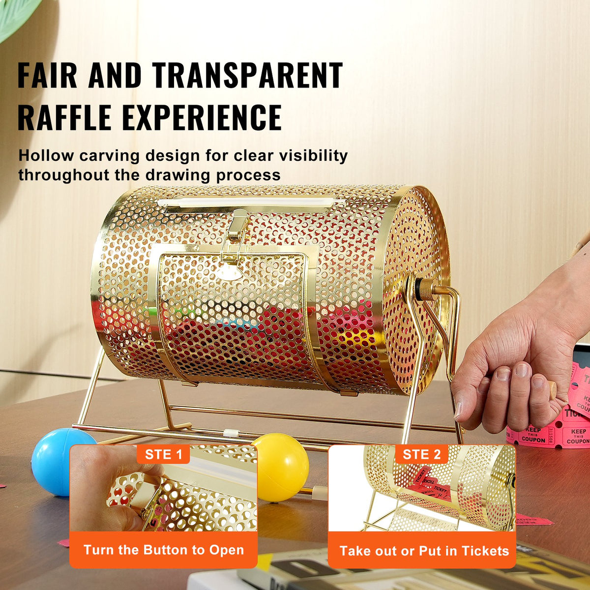Raffle Drum, 11.6 x 7.48 inch Brass Plated Raffle Ticket Spinning Cage, Holds 2500 Tickets or 100 Ping Pong V952-CJGJS12YC0003G2KPV0