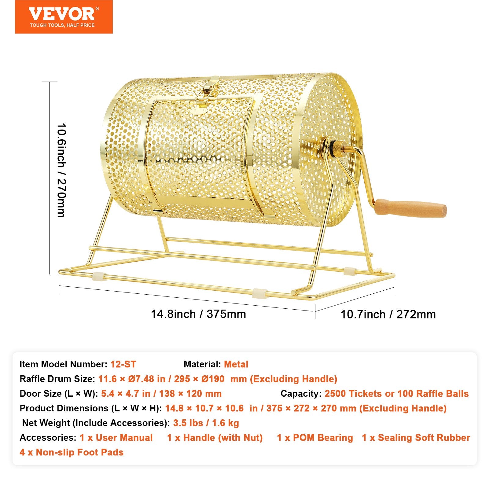 Raffle Drum, 11.6 x 7.48 inch Brass Plated Raffle Ticket Spinning Cage, Holds 2500 Tickets or 100 Ping Pong V952-CJGJS12YC0003G2KPV0