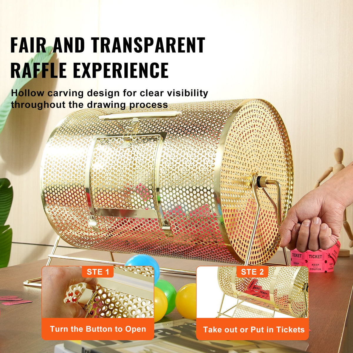 Raffle Drum, 16.1 x 12 inch Brass Plated Raffle Ticket Spinning Cage, Holds 5000 Tickets or 200 Ping Pong V952-CJGJS16YC000Z86CGV0