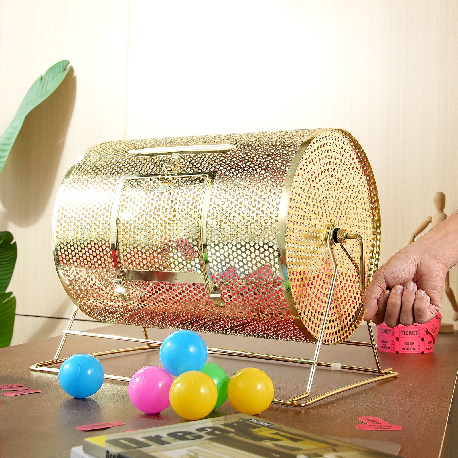 Raffle Drum, 16.1 x 12 inch Brass Plated Raffle Ticket Spinning Cage, Holds 5000 Tickets or 200 Ping Pong V952-CJGJS16YC000Z86CGV0
