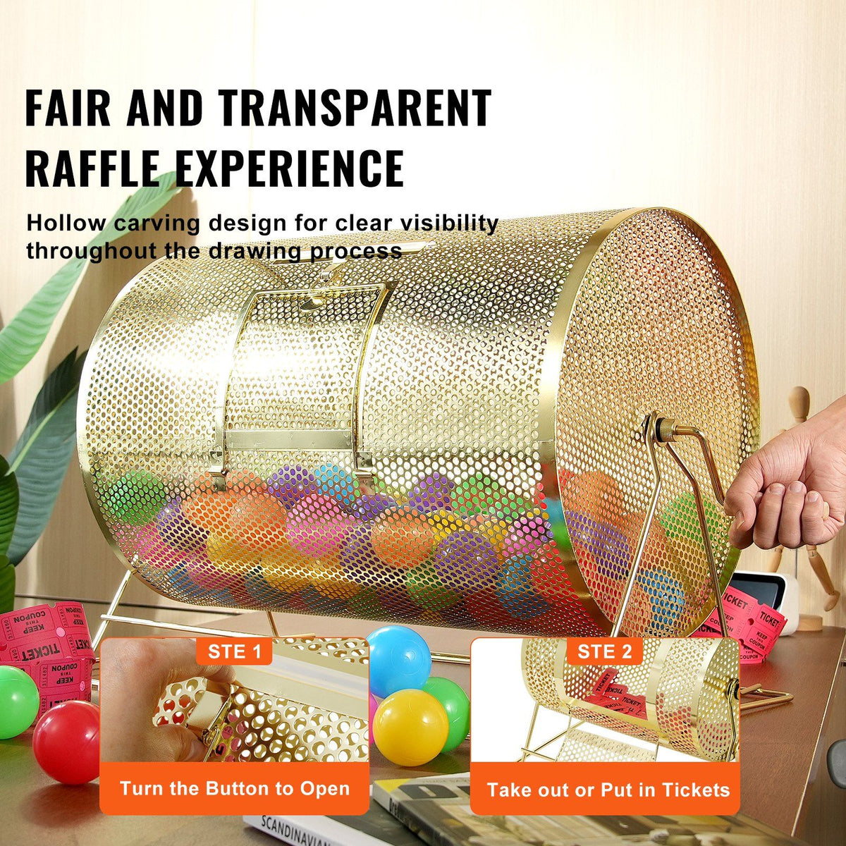 Raffle Drum, 14.8 x 21.26 inch Brass Plated Raffle Ticket Spinning Cage, Holds 10000 Tickets or 300 Ping Pong V952-CJGJS19YC000HNSYJV0