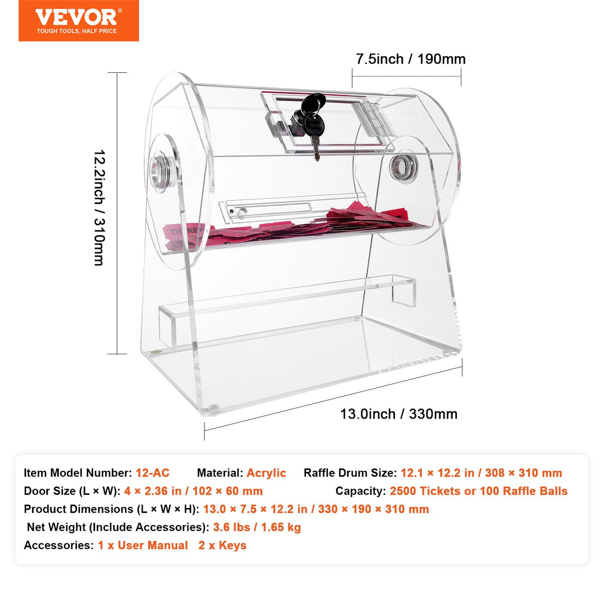 Acrylic Raffle Drum, Holds 2500 Tickets or 100 Raffle Balls, Professional Raffle Ticket Spinning Cage with 2 V952-CJGSL12YC0007VKLTV0