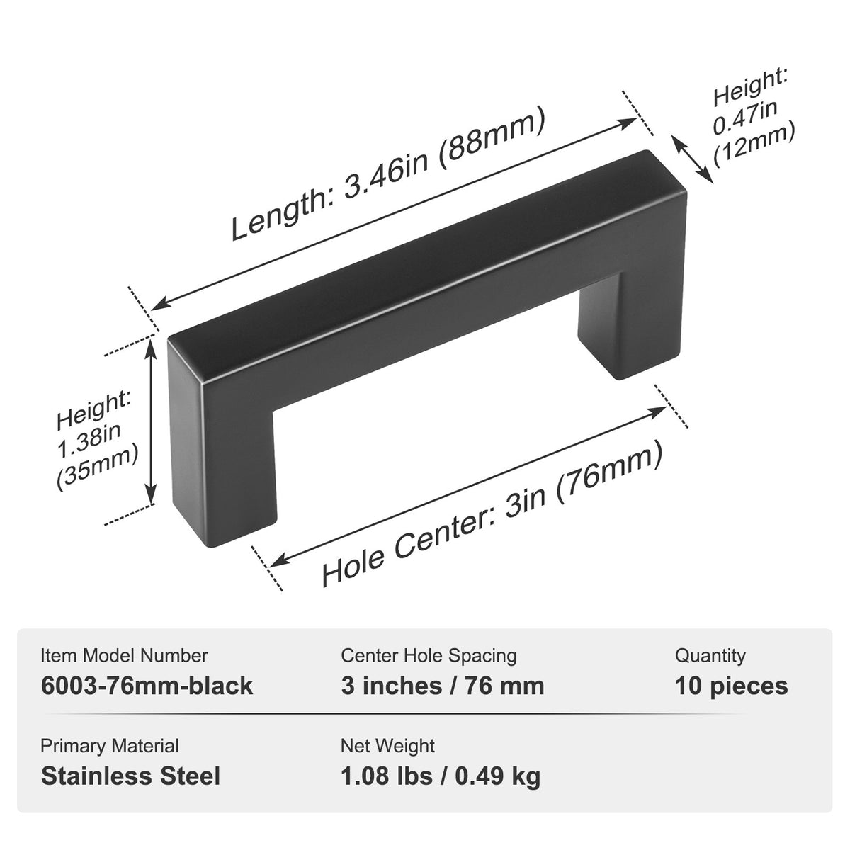 10 Pack Cabinet Pulls, 3in / 76mm Center to Center Slim Square Kitchen Cabinet Drawer, Stainless Steel Modern V952-CJLSBXGPS10PELQO0V0