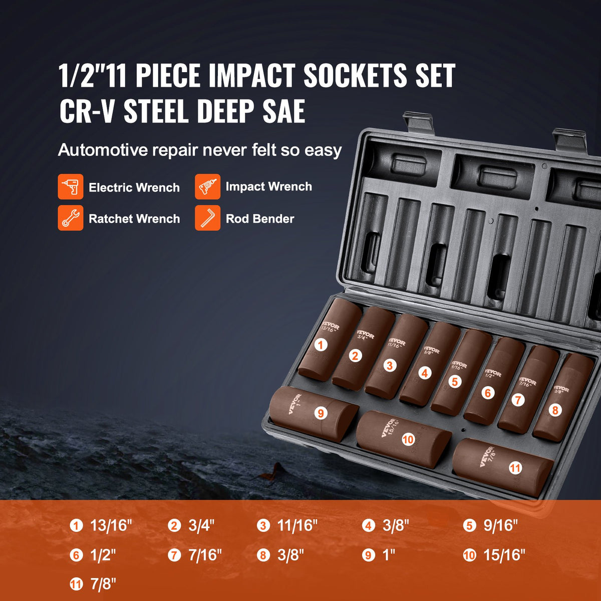 1/2" Drive Impact Socket Set, 11 Piece Deep Socket Set SAE 3/8"-1", 6 Point CR-V Alloy Steel for Auto Repair, V952-CJT12SAECRV11JO1IV0