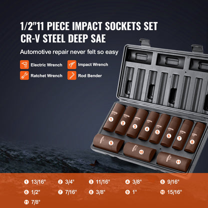 1/2" Drive Impact Socket Set, 11 Piece Deep Socket Set SAE 3/8"-1", 6 Point CR-V Alloy Steel for Auto Repair, V952-CJT12SAECRV11JO1IV0