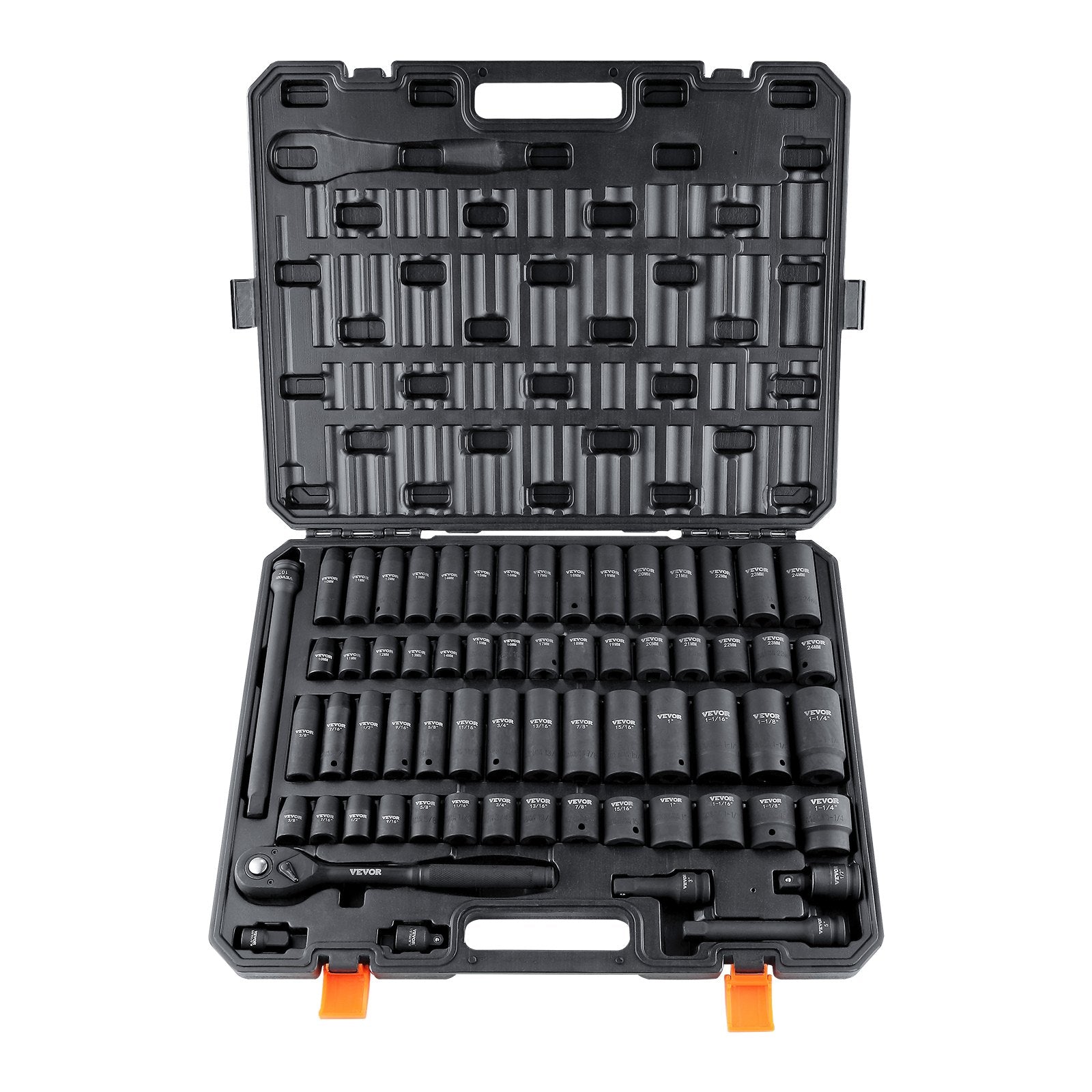1/2" Drive Impact Socket Set, 65 Piece Socket Set SAE 3/8" to 1-1/4" and Metric 10-24mm, 6 Point Cr-V Alloy V952-CJT12SAECRV65DDRDV0