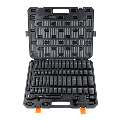 1/2" Drive Impact Socket Set, 65 Piece Socket Set SAE 3/8" to 1-1/4" and Metric 10-24mm, 6 Point Cr-V Alloy V952-CJT12SAECRV65DDRDV0