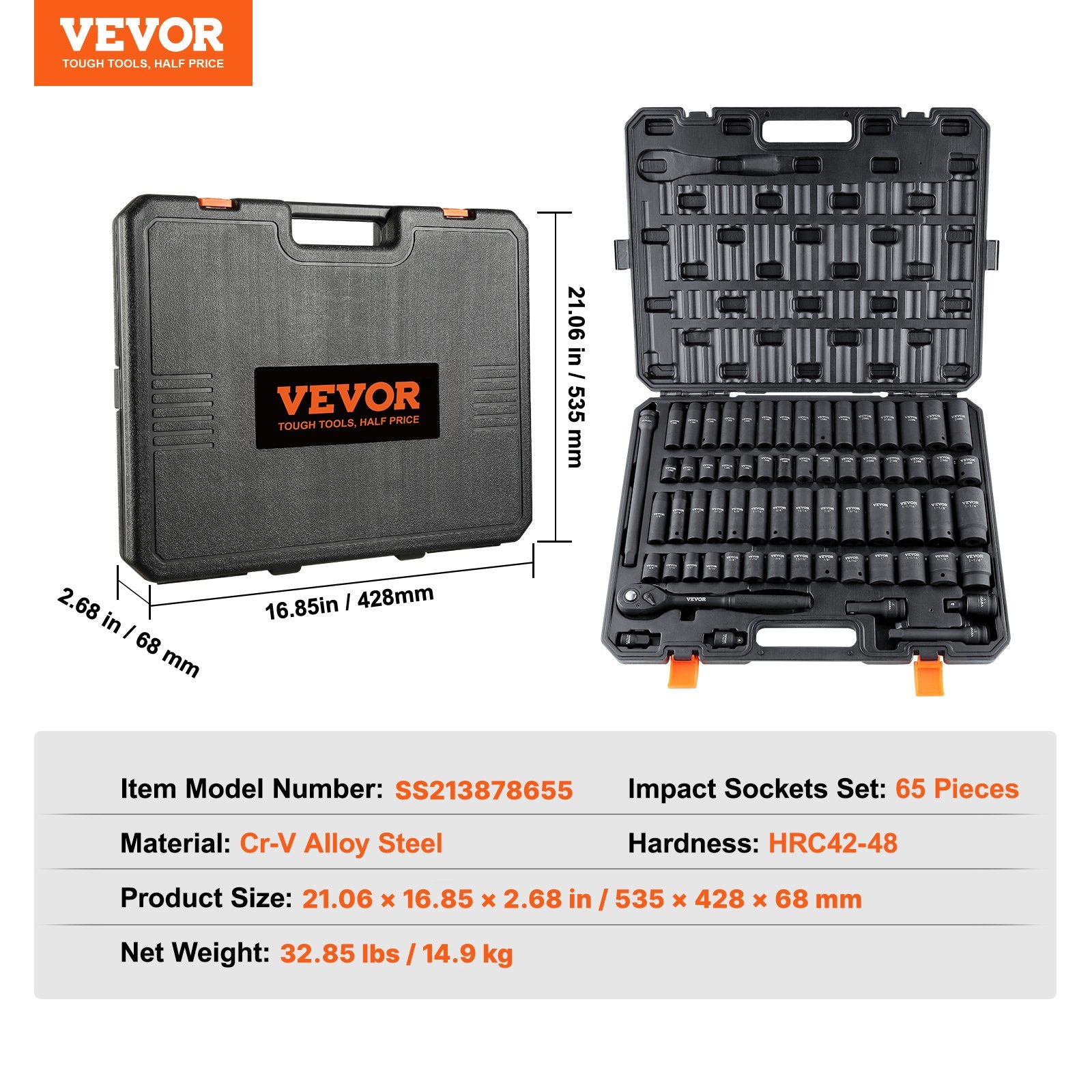1/2" Drive Impact Socket Set, 65 Piece Socket Set SAE 3/8" to 1-1/4" and Metric 10-24mm, 6 Point Cr-V Alloy V952-CJT12SAECRV65DDRDV0