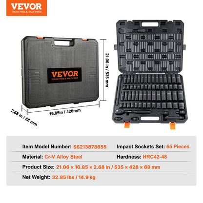 1/2" Drive Impact Socket Set, 65 Piece Socket Set SAE 3/8" to 1-1/4" and Metric 10-24mm, 6 Point Cr-V Alloy V952-CJT12SAECRV65DDRDV0