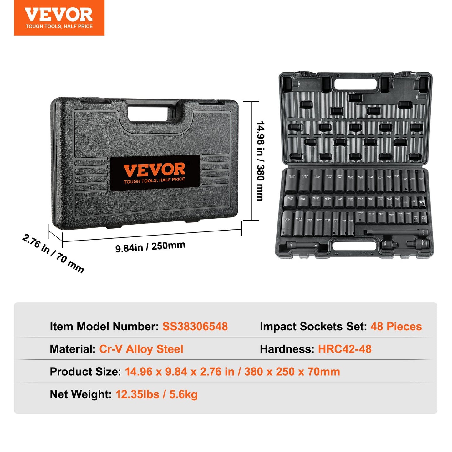 3/8" Drive Impact Socket Set, 48 Piece Socket Set SAE (5/16" -3/4") & Metric (8-22mm)6 Point Cr-V Drive V952-CJT38SAECRV48ZGF4V0