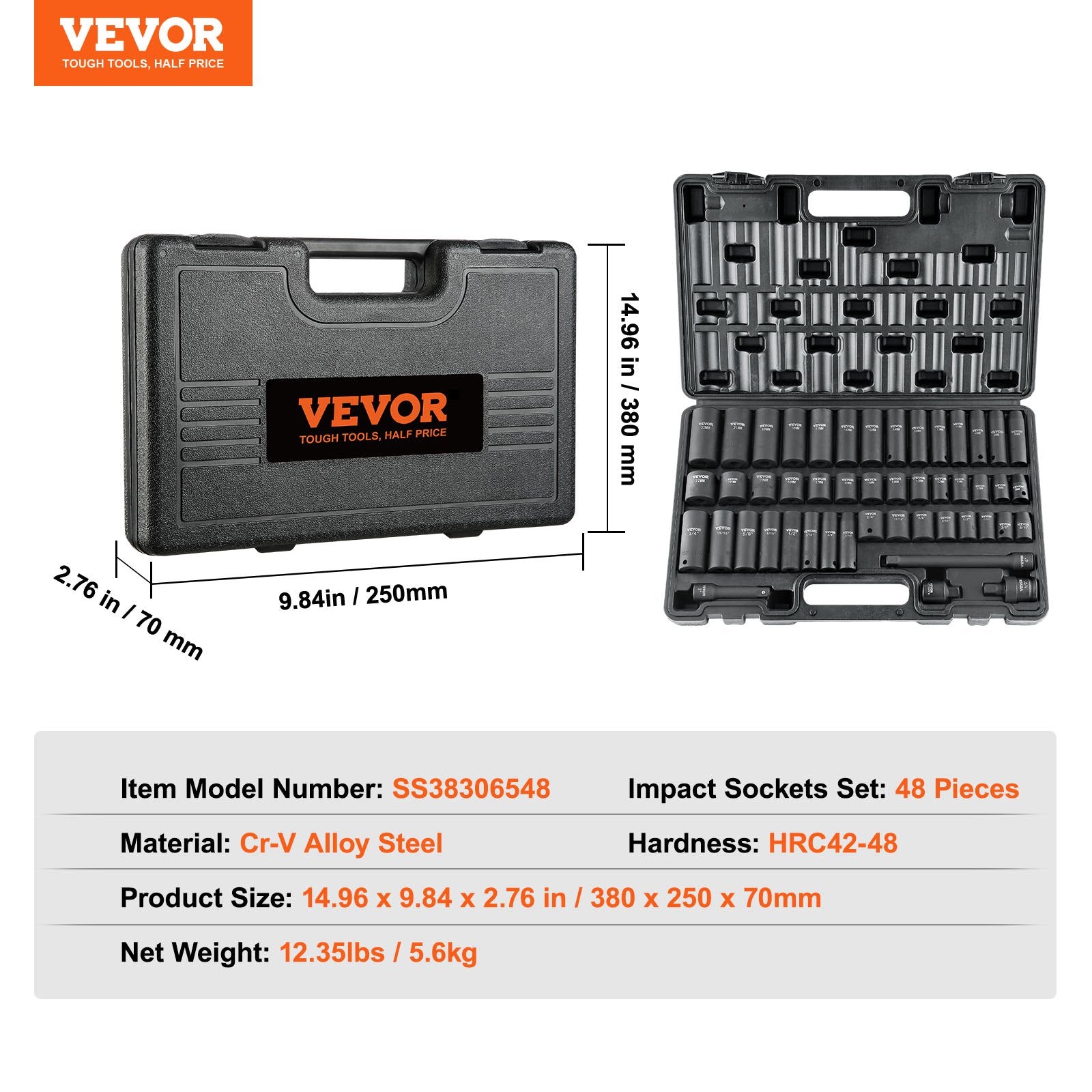 3/8" Drive Impact Socket Set, 48 Piece Socket Set SAE (5/16" -3/4") & Metric (8-22mm)6 Point Cr-V Drive V952-CJT38SAECRV48ZGF4V0