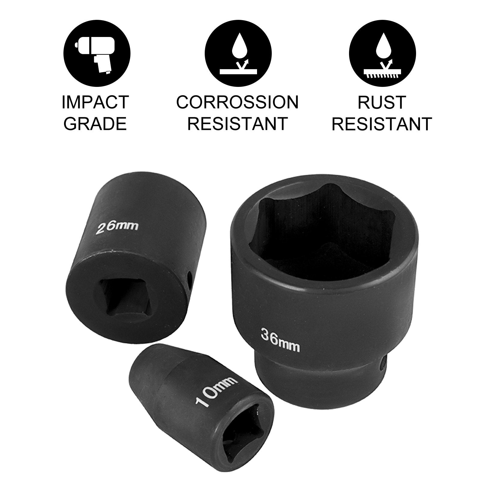 Impact Sockets Set 1/2 Inch Drive 26PCS Standard Length Impact Set 6-Point V952-CJTT12IN26PC00001V0