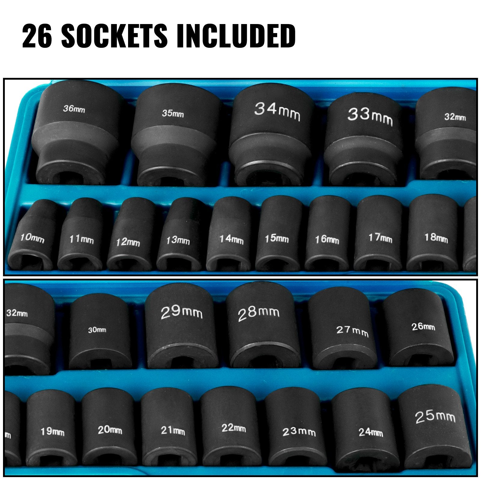 Impact Sockets Set 1/2 Inch Drive 26PCS Standard Length Impact Set 6-Point V952-CJTT12IN26PC00001V0