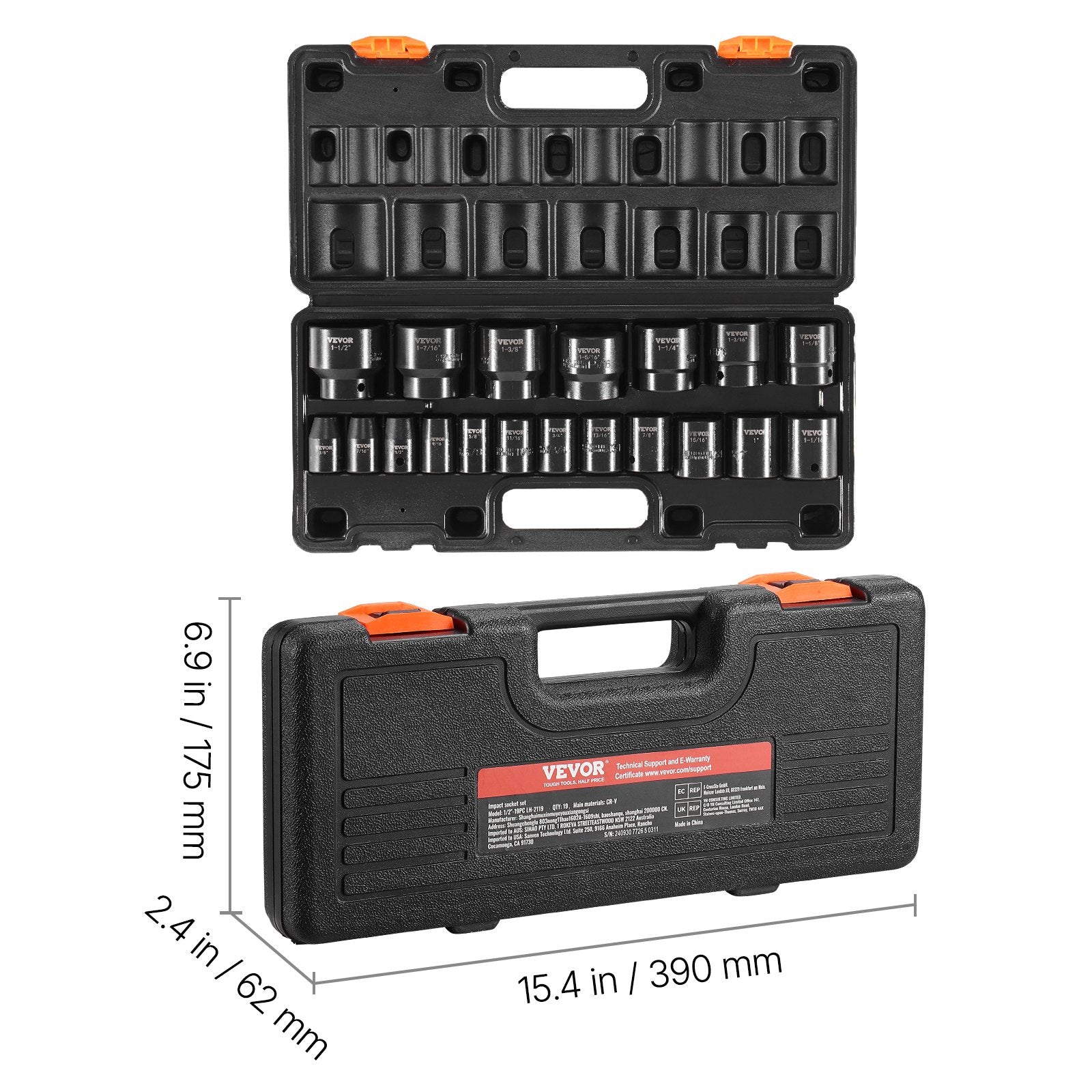 Impact Socket Set 1/2 Inches 19 Piece Impact Sockets, Standard Socket Assortment, 1/2 Inches Drive Socket Set V952-CJTT19PC12INBZ001V0