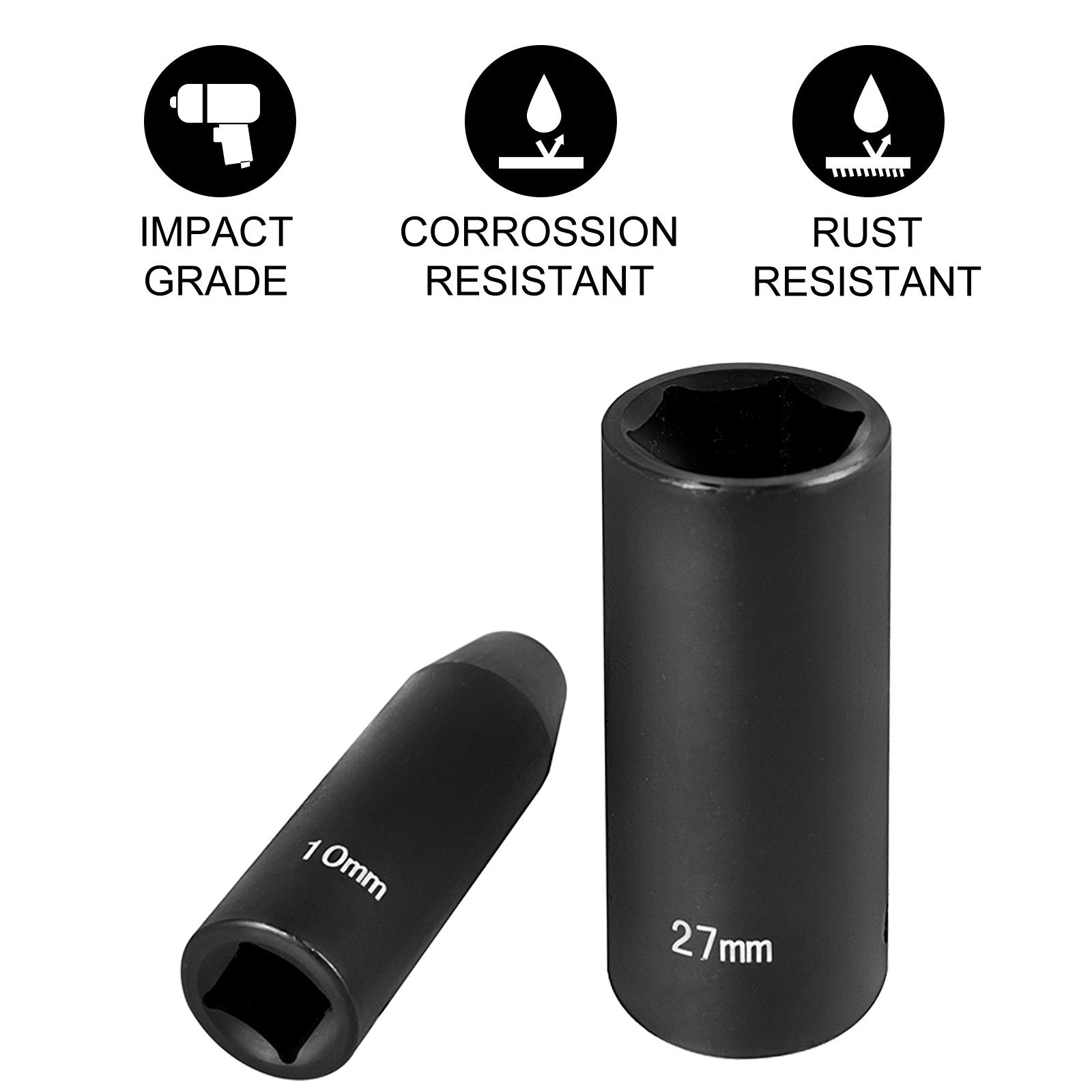 Impact Sockets Set 1/2 Inch Drive 26 PCS Metric 10mm - 36mm Deep 6-Point Set V952-CJTT26PCS12INSD01V0