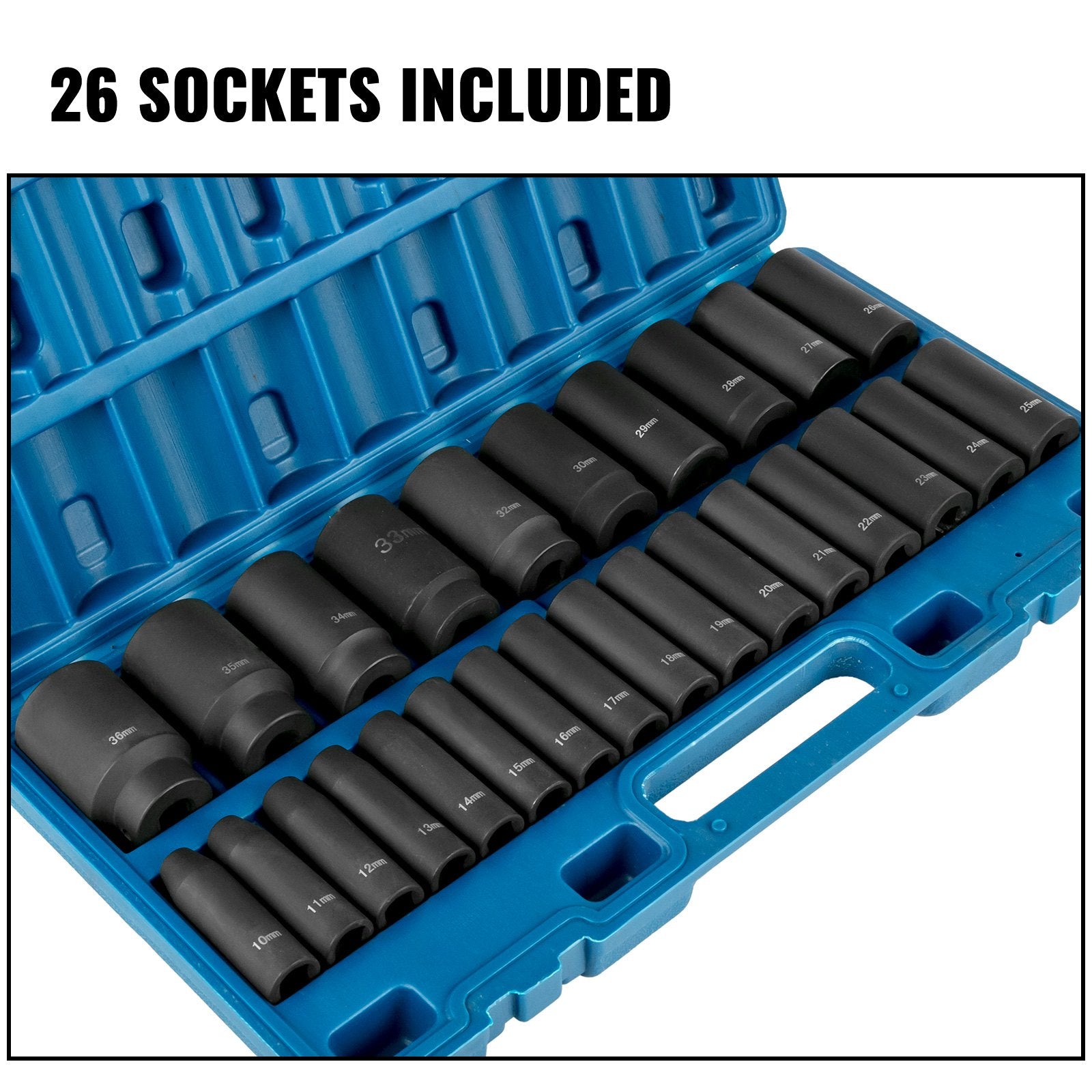 Impact Sockets Set 1/2 Inch Drive 26 PCS Metric 10mm - 36mm Deep 6-Point Set V952-CJTT26PCS12INSD01V0