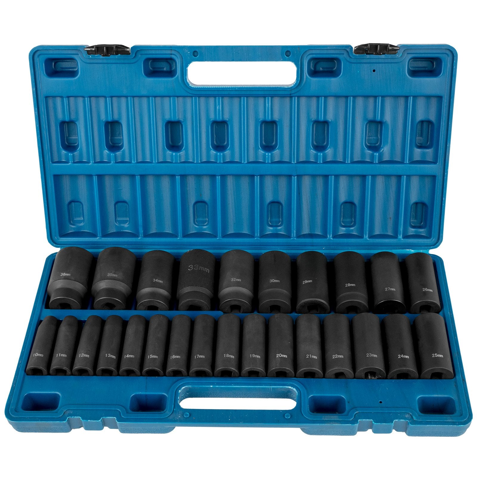 Impact Sockets Set 1/2 Inch Drive 26 PCS Metric 10mm - 36mm Deep 6-Point Set V952-CJTT26PCS12INSD01V0