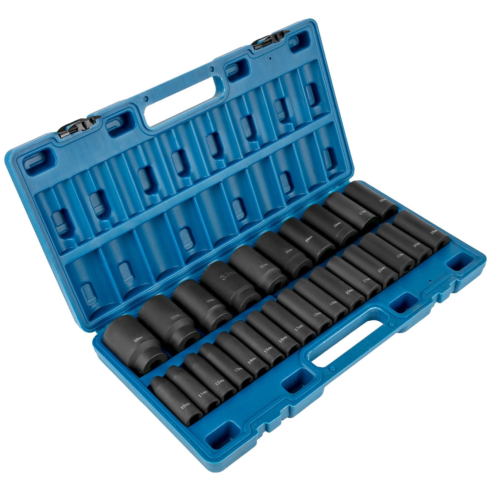 Impact Sockets Set 1/2 Inch Drive 26 PCS Metric 10mm - 36mm Deep 6-Point Set V952-CJTT26PCS12INSD01V0