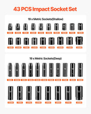 Impact Socket Set 43 Piece Impact Sockets, Standard Socket Assortment, Drive Socket Set 6-Point Sockets V952-CJTT43PC12INZJ001V0