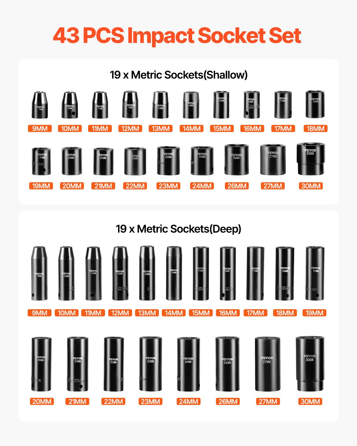 Impact Socket Set 43 Piece Impact Sockets, Standard Socket Assortment, Drive Socket Set 6-Point Sockets V952-CJTT43PC12INZJ001V0
