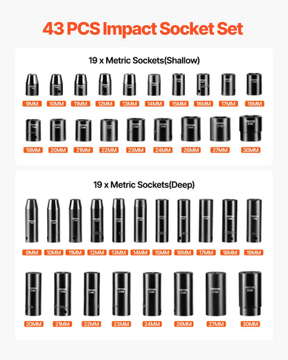 Impact Socket Set 43 Piece Impact Sockets, Standard Socket Assortment, Drive Socket Set 6-Point Sockets V952-CJTT43PC12INZJ001V0