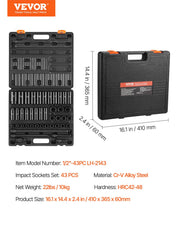 Impact Socket Set 43 Piece Impact Sockets, Standard Socket Assortment, Drive Socket Set 6-Point Sockets V952-CJTT43PC12INZJ001V0