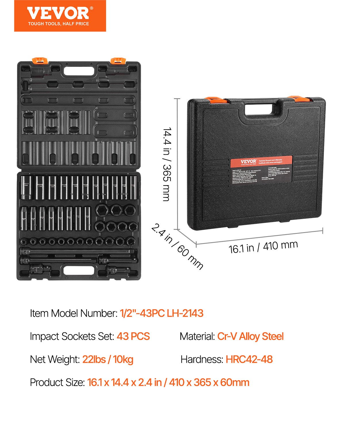 Impact Socket Set 43 Piece Impact Sockets, Standard Socket Assortment, Drive Socket Set 6-Point Sockets V952-CJTT43PC12INZJ001V0