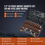 1/2" Drive Deep Impact Socket Set, 34pcs Socket Set Metric (8-36mm) 6 Point Cr-MO Alloy Steel for Auto V952-CJTTZ12CRMO3448AJV0