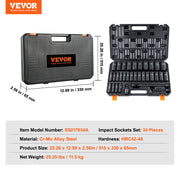 1/2" Drive Deep Impact Socket Set, 34pcs Socket Set Metric (8-36mm) 6 Point Cr-MO Alloy Steel for Auto V952-CJTTZ12CRMO3448AJV0