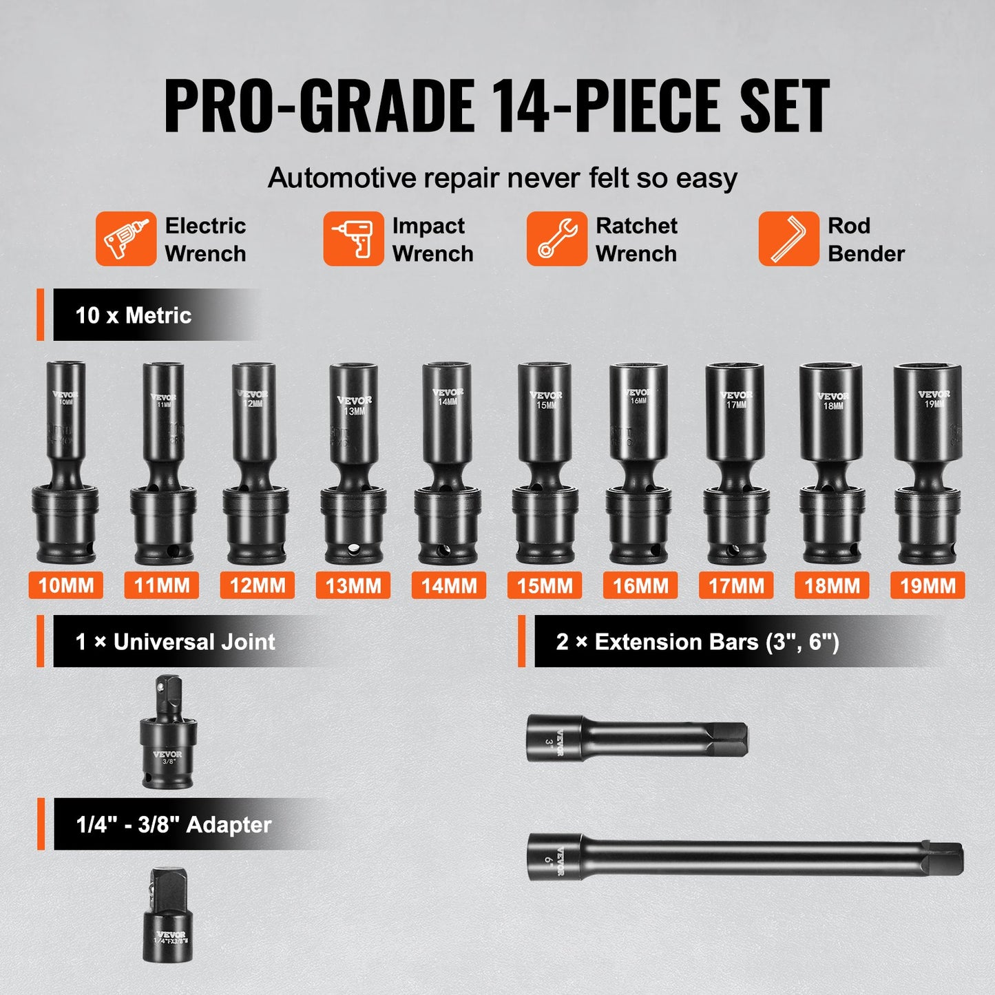 360 Degree Swivel Impact Sockets Set 14pcs 6-Point 3/8in Drive Socket Set V952-CJTTZJ1CRMO10JEDIV0