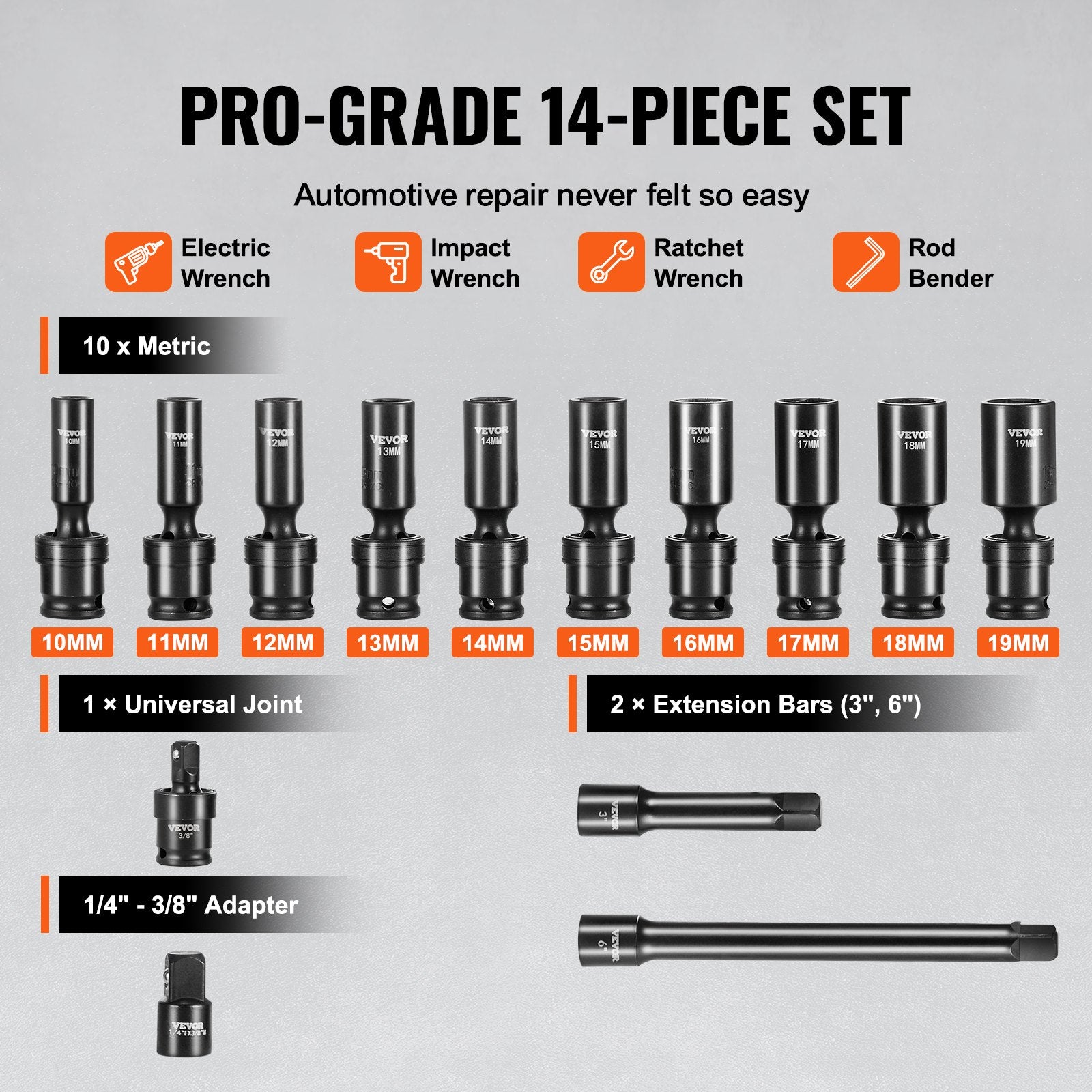 360 Degree Swivel Impact Sockets Set 14pcs 6-Point 3/8in Drive Socket Set V952-CJTTZJ1CRMO10JEDIV0
