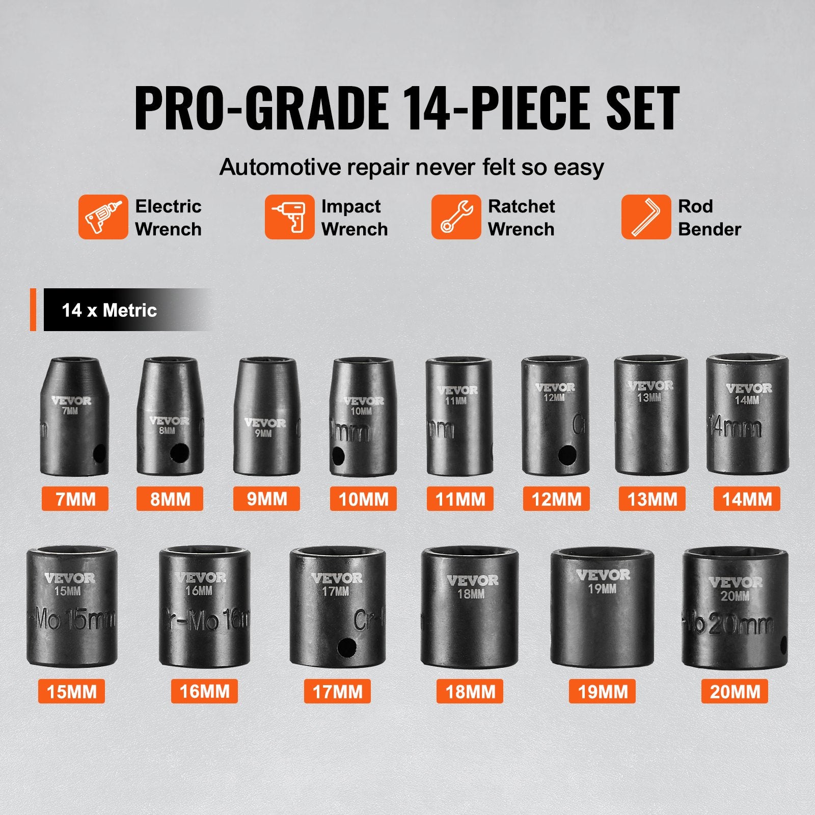 3/8" Drive Impact Socket Set, 14 Piece Shallow Socket Set Metric 7-20mm, 6 Point Cr-Mo Alloy Steel for Auto V952-CJTTZJ1CRMO17G1EZV0