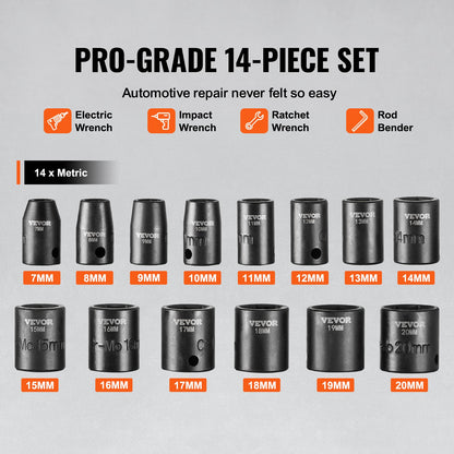 3/8" Drive Impact Socket Set, 14 Piece Shallow Socket Set Metric 7-20mm, 6 Point Cr-Mo Alloy Steel for Auto V952-CJTTZJ1CRMO17G1EZV0