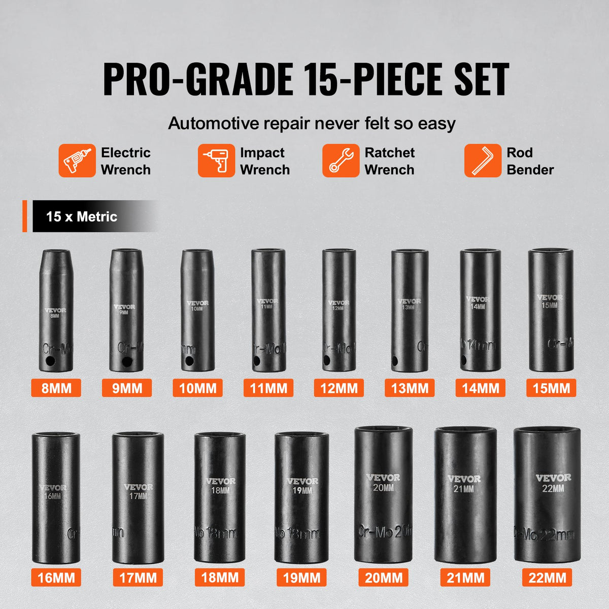 3/8" Drive Impact Socket Set, 15 Piece Deep Socket Set Metric 8-22mm, 6 Point Cr-Mo Alloy Steel for Auto V952-CJTTZJ1CRMO1D0PTUV0