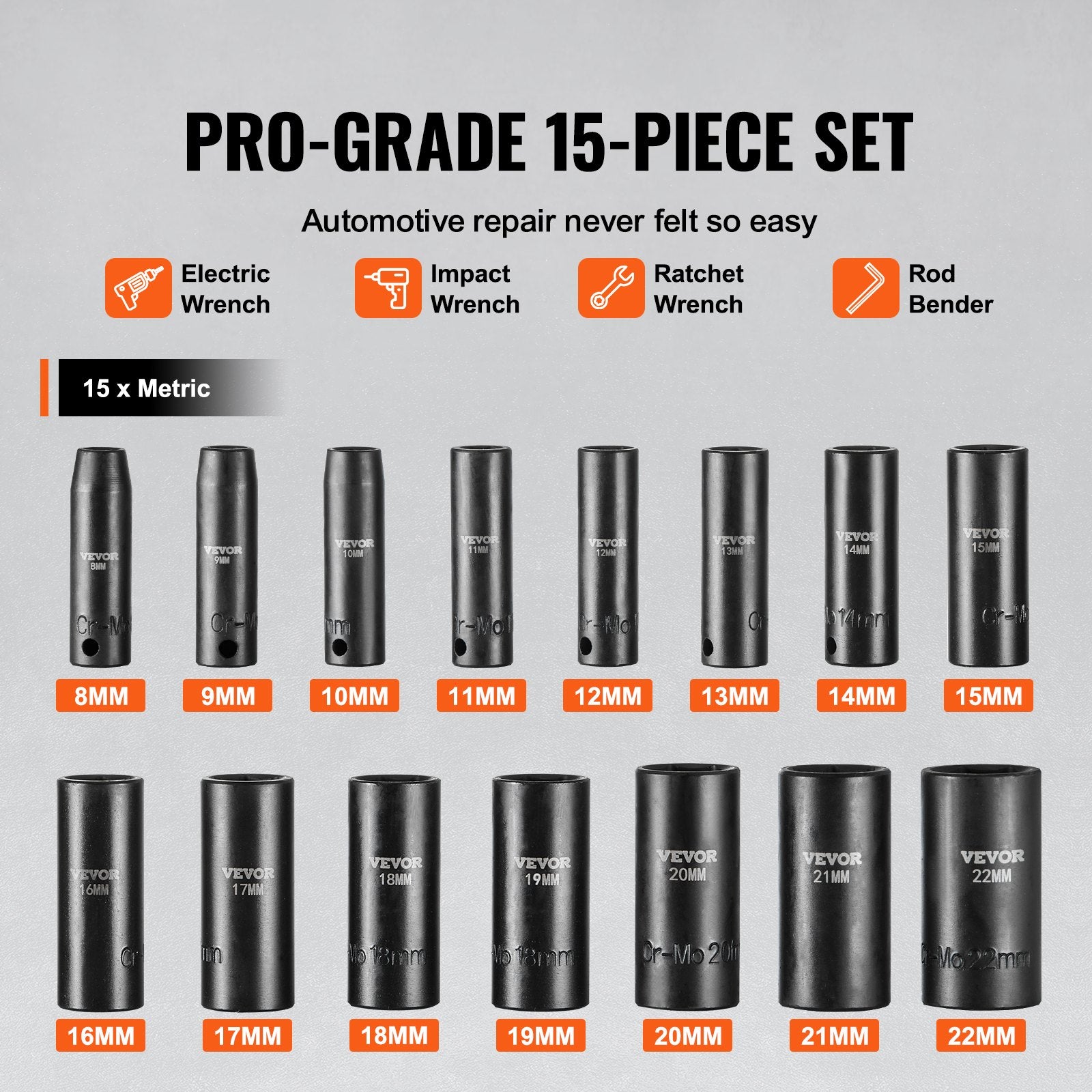 3/8" Drive Impact Socket Set, 15 Piece Deep Socket Set Metric 8-22mm, 6 Point Cr-Mo Alloy Steel for Auto V952-CJTTZJ1CRMO1D0PTUV0